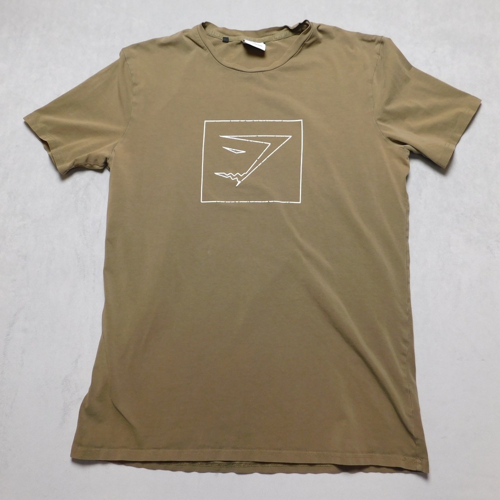 Gymshark Mens Medium Graphic Logo‎ T-Shirt Olive Green Short Sleeve Athletic Top